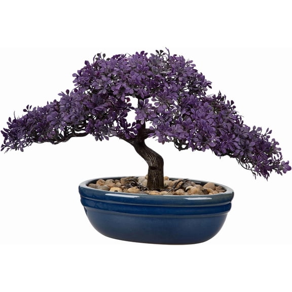 Artificial Juniper Bonsai Tree with Blue Ceramic Pot Style 9 Inch Purple Ficus