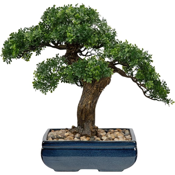 Artificial Juniper Bonsai Tree with Blue Square Ceramic Pot 16 Inch Ficus Style