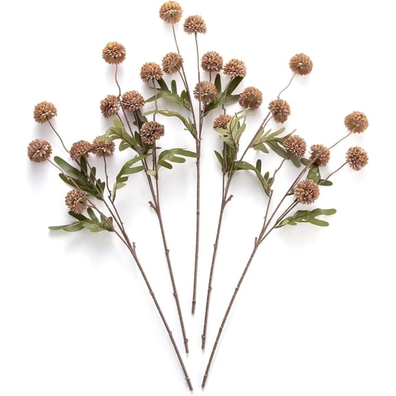 Artificial Kiku Flower - 5 Pcs Fake Pompon Mums Silk Small Chrysanthemum Faux Ball Fall Flower Stem Decor for Autumn Wedding Filler DIY Bouquet Centerpieces Arrangements Shower (Coffee)