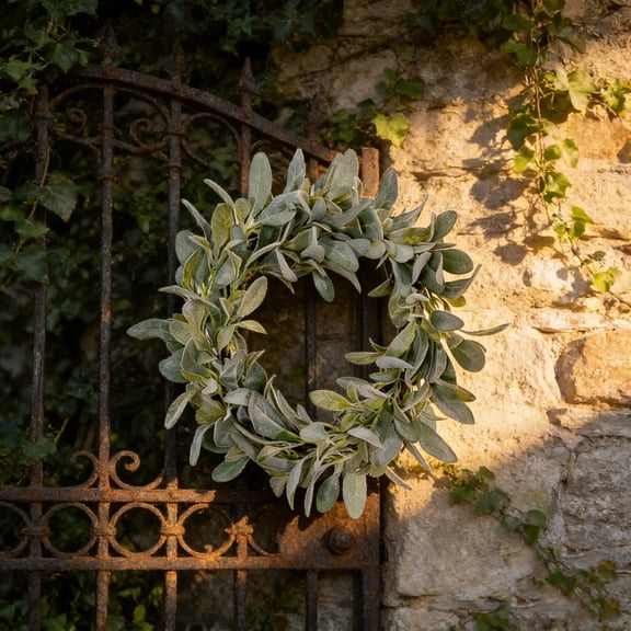 Artificial Lambs Ear Wreath Spring Decorations, 15.7 Fake Hanging Flower Greenery Wreath with Fluff Rabbit Ear Leaves, Faux Garland for Home Wall Farmhouse Window Indoor Outdoor Decor