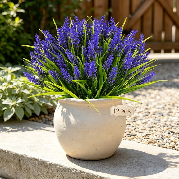 Artificial Lavender Flowers 12 Bundles Fake Plants for Outdoor Patio Garden Decor 15 Inch Faux Monkey Grass for Porch Indoor -Purple