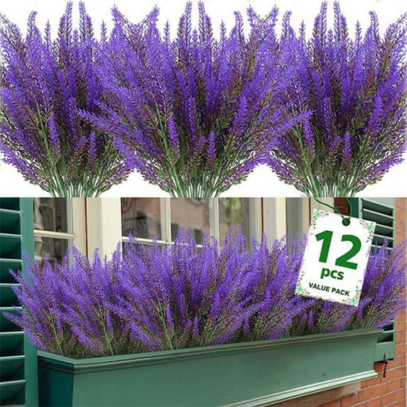 Artificial Lavender Flowers 12 Pack Outdoor Fake Flowers No Fade Faux Plastic Plants Garden Porch Window Box Decorating Purple