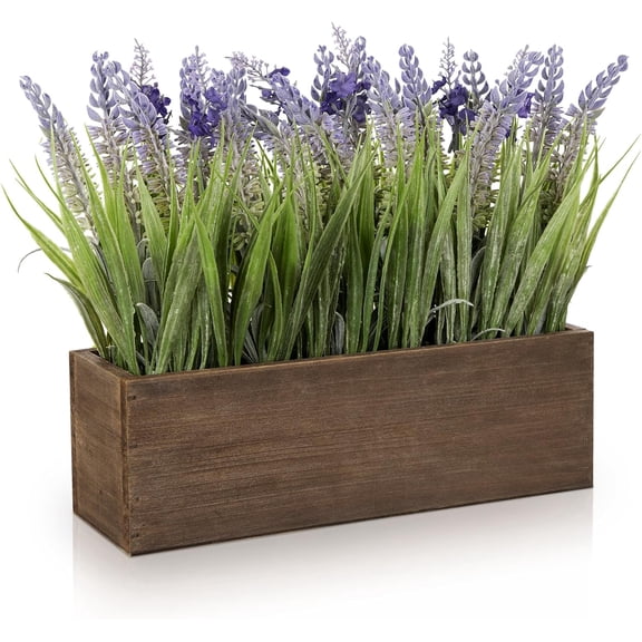 Artificial Lavender Flowers Arrangement in Rectangular Wood Planter Box, 10.6" Fake Potted Lavender Flowers, Faux Lavender Plant for Centerpieces, Entryway, Window Sill, Shelf, Home & Office Decor