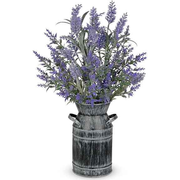 Artificial Lavender Flowers with Rustic Metal Vase 17 Inch Faux Lavender Plant Arrangement in Galvanized Planter Vintage Farmhouse Floral Decor for Home Office Kitchen Decor Wedding Table Centerpiece