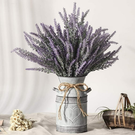 Artificial Lavender Flowers with Vase Fake Lavender Plants in Decorative Metal Vase Rustic Vintage Flowers for Home Farmhouse Decoration (Heart,Purple)