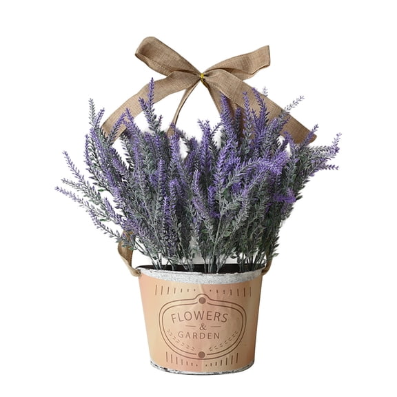 Artificial Lavender Plant in Rustic Metal Pot with Bow Perfect for Home Decor, Office, and Gift Ideas Realistic Faux Flower Arrangement