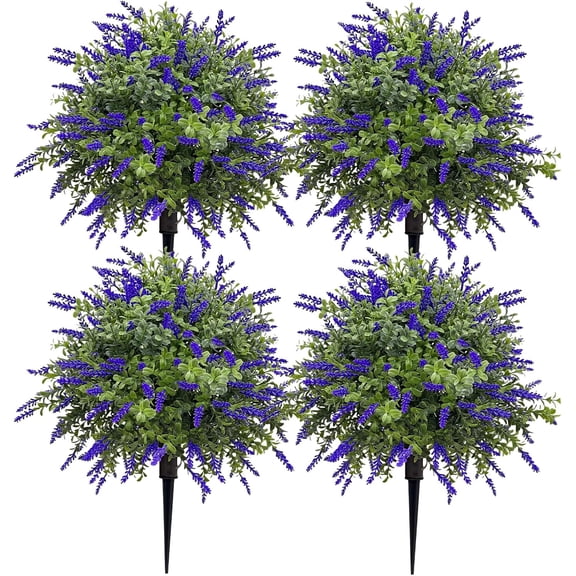 Artificial Lavender Plant with Stake, Faux Purple Flower Bush for Outdoor & Indoor Decor, Patio, Garden, Porch, Window Box,4pcs