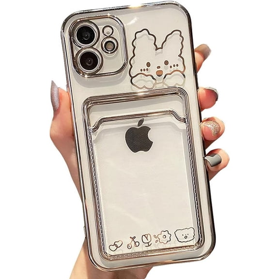 Compatible with iPhone Case,Cute Kawaii Bunny Bear Clear Credit Card Slot Holder Wallet Electro Plated Bumper Protection Soft Shockproof Cover Phone Case (Black,iPhone 11)