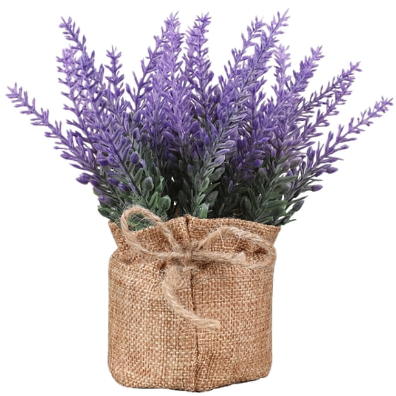 Artificial Lavender Potted Plant with Simulated Burlap Sack Decorative Faux Greenery for Home Office Tabletop Display Arrangement
