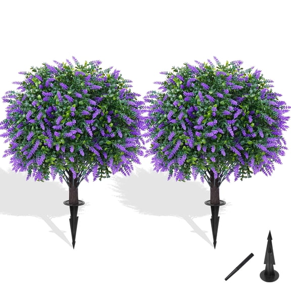 2-Pack 17" Artificial Lavender Topiary Ball Trees, UV Resistant Fake Shrubs with Ground Spikes,
