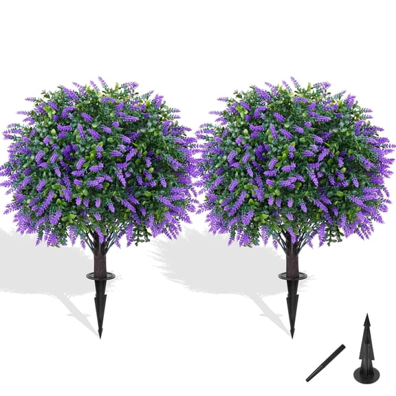 2-Pack 17" Artificial Lavender Topiary Ball Trees, UV Resistant Fake Shrubs with Ground Spikes,