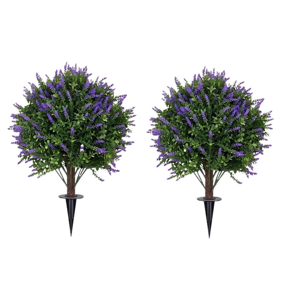 Artificial Lavender Topiary Ball Tree 24 Inch with Ground Spike, Set of 2 UV Resistant Faux Lavender Boxwood Bushes, Fade Resistant Fake Evergreen Plant for Outdoor Porch Patio Garden Walkway Decor