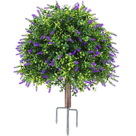 Artificial Lavender Topiary Ball Tree 26.5" with Ground Spike, Artificial Boxwood Bushes for Faux Shrubs, Fake Evergreen Faux Plant for Indoor Outdoor Porch Garden -UV ResistantFade-Proof