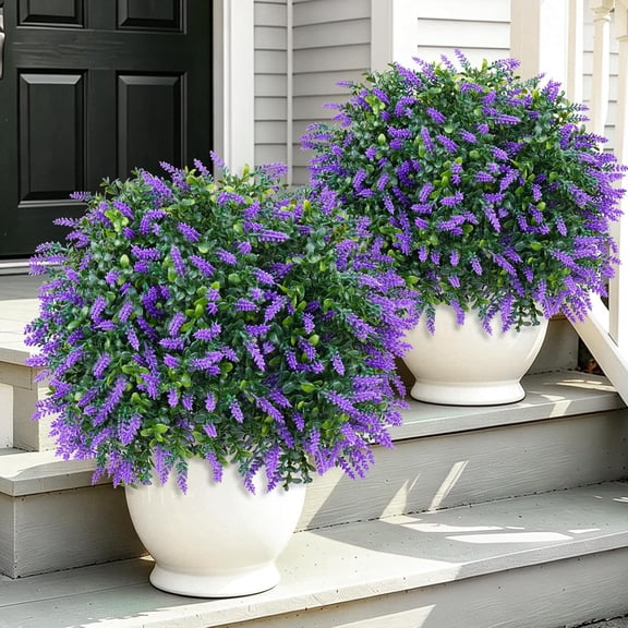 Artificial Lavender Topiary Ball Tree Set of 2 UV Resistant Outdoor Indoor Evergreen Bush 26 Inch