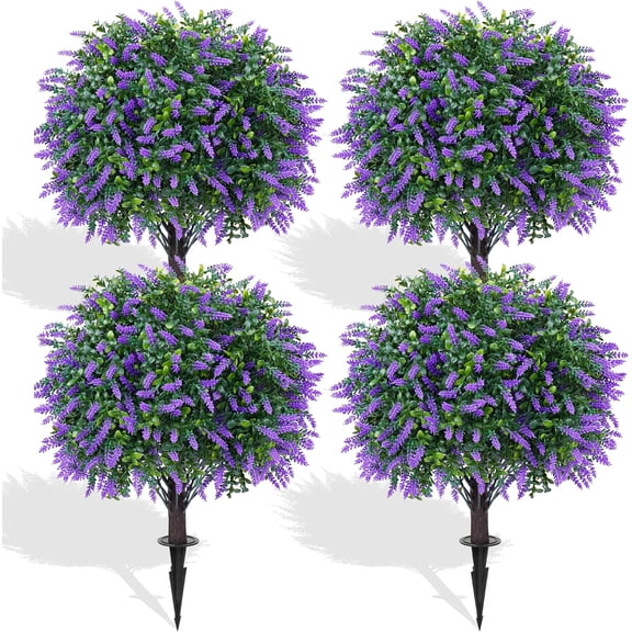 Artificial Lavender Topiary Ball Trees, 4 Set of UV Resistant Fake Evergreen Shrubs Bushes Plants with Ground Spike, for Outdoor Indoor Front Porch Garden