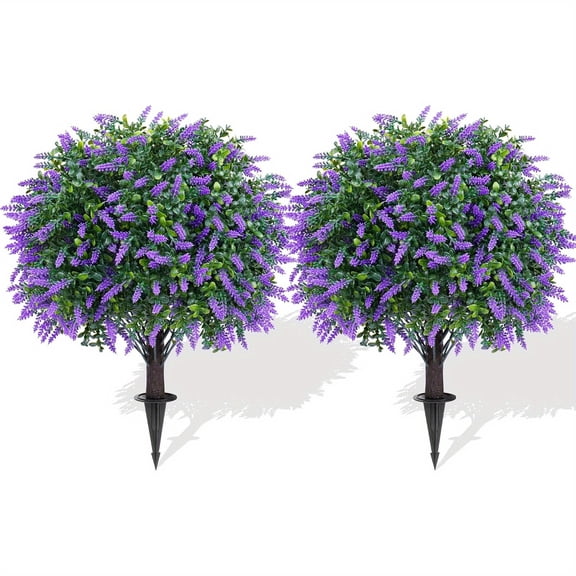Artificial Lavender Topiary Ball Trees with Ground Spike, 2 Pack 16 Inches UV Resistant Artificial Shrubs, Fake Evergreen Artificial  Brush for Indoor Outdoor Front Porch Garden