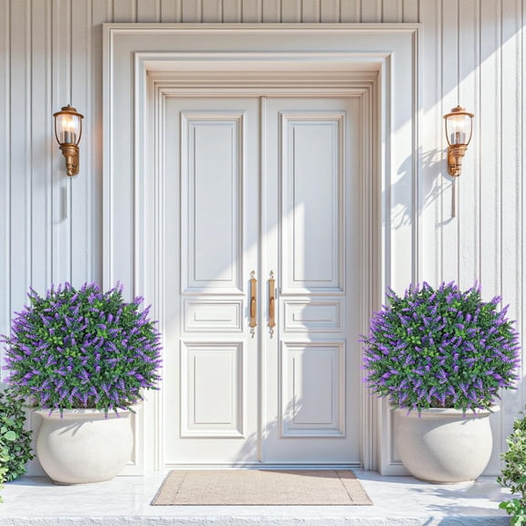 Artificial Lavender Topiary Ball Trees with Ground Spikes 2 Pack 25.5 Inches Resistant Artificial Shrubs Fake Evergreen Artificial Plant Brushes for Home Front Porch Garden Decorations