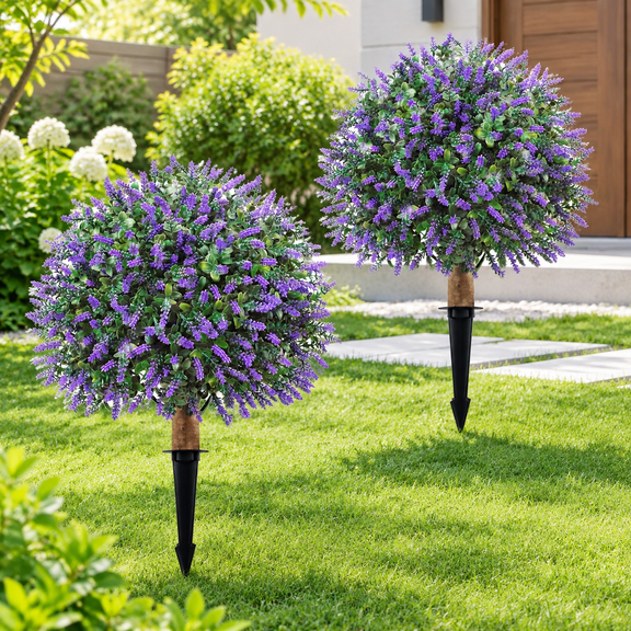 Artificial Lavender Topiary Ball Trees Outdoor, 2 Pack UV Resistant 24" Fake Plants with Grund Spike, Faux Shrubs Bushes for Indoor Front Porch Garden (Lavender)