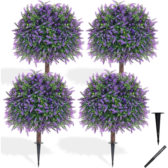 Artificial Lavender Topiary Ball Trees, Set of 4 with Ground Spike, UV Resistant Outdoor Boxwood Plants for Indoor Outdoor Garden Front Porch Decor