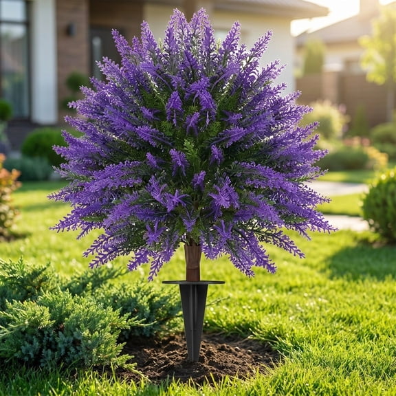 Artificial Lavender Topiary for Outdoors,UV Resistant Evergreen Fake Shrubs Bushes with Ground Spike Topiary Ball Faux Plants for Outdoor Indoor Front Porch Garden
