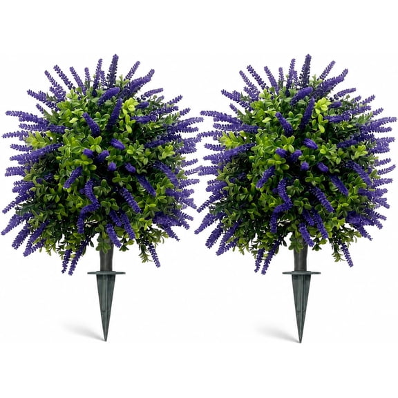 Artificial Lavender Topiary Set of 2, Faux Bushes for Entryway | UV Resistant, Faux Evergreen Bushes, Ground Spike Included, Weatherproof, for Porch, Patio, Entryway