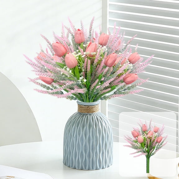 Artificial Lavender Tulip Bouquet, Plastic Flower Arrangement Home Decor, Kitchen Tabletop Mantel Display, Summer Wedding Gift Floral Enhancement, AESTIVO