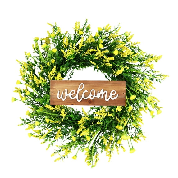 Artificial Lavender Welcome Wreath for Front Door and Wall Decor, Indoor Outdoor Spring Floral Arrangement, Fade Resistant and No Maintenance(Yellow)