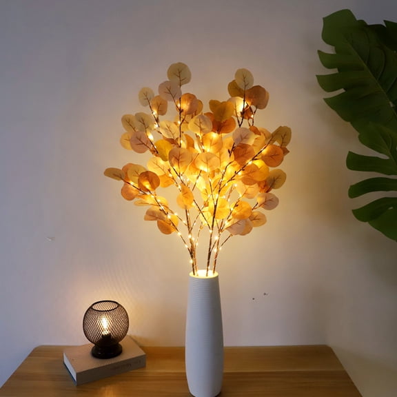 Artificial Leaf Branch with LED Lights 33.5in Faux Greenery Stem Battery Operated Lighted Branches for Holiday Christmas Party Vase Decoration
