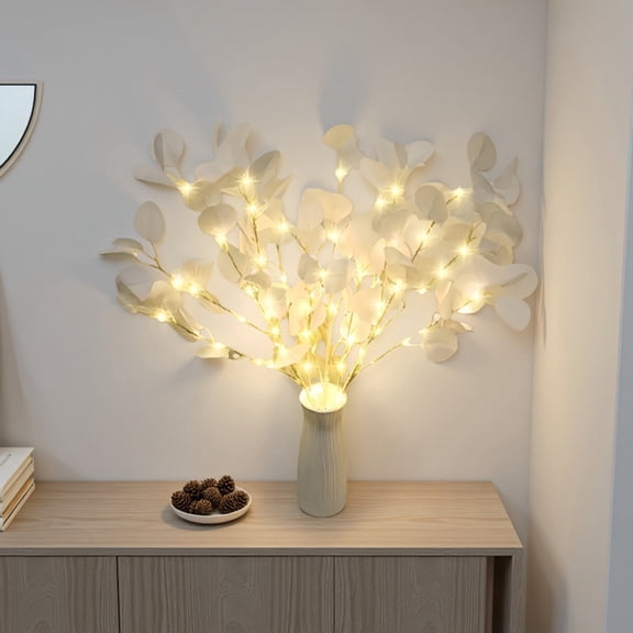 Artificial Leaf Branch with LED Lights 33.5in Faux Greenery Stem Battery Operated Lighted Branches for Holiday Christmas Party Vase Decoration