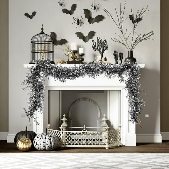 Artificial Leaf Garland, Hanging Rattan Vine for Christmas Thanksgiving Fireplace Mantel Decor, Indoor Home Party Decoration(Black)