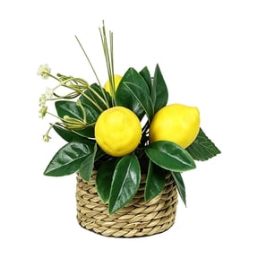 Artificial Lemon Arrangement With Woven Basket, Faux Fruit And Leaf Tabletop Centerpiece, Preassembled Farmhouse Decoration For Dining Table Mantel Holiday Home Decor