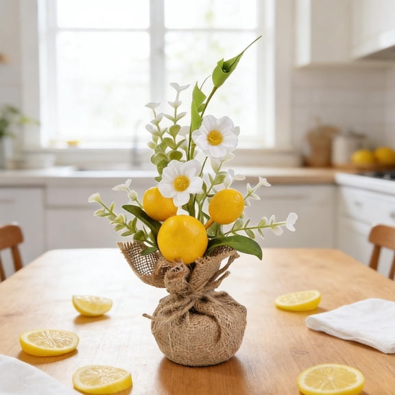 Artificial Lemon Branch Decor, Yellow Faux Lemon Fruit with Green Leaves, 10.63-Inch Spring Home Decor for Table Centerpiece, Desktop, Bedroom, Office, Includes 1 Piece