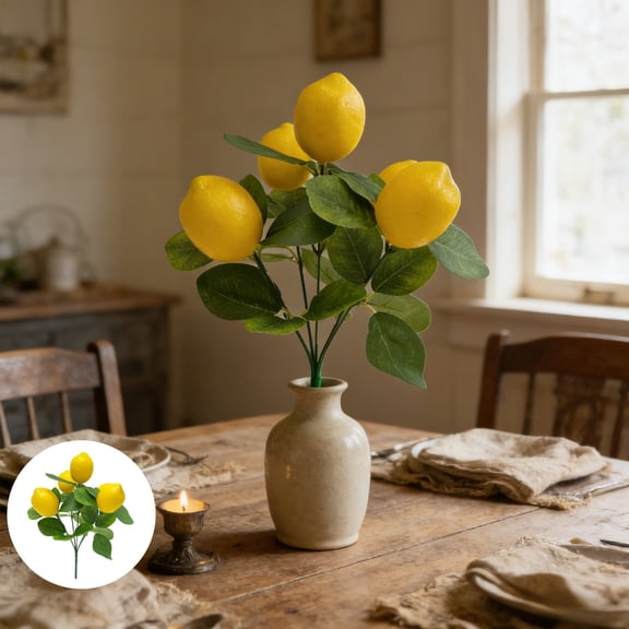Artificial Lemon Branch With Five Forks, Bright Yellow Fruit And Green Leaves, Flexible Stem, 27 Cm, Faux Citrus Pick For Kitchen Table Centerpiece Wedding Party Home Decor, Reusable No Water
