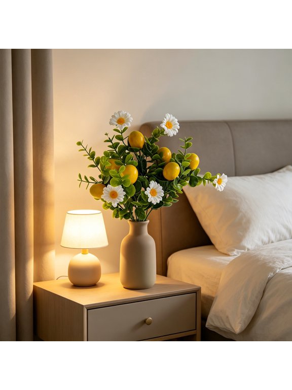 Artificial Lemon Branch Green Decor, Usupdd Lifelike Faux Fruit Plastic Lemon, 12.2in Fake Lemon Twig Home Decoration for Table Centerpiece Dining Room, White