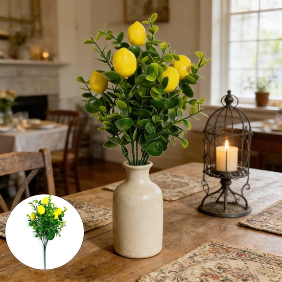 Artificial Lemon Branch with Green Leaves – Fake Lemon Tree Stems for Vase, Table Centerpiece, Kitchen Decor, Wedding and Home Decoration