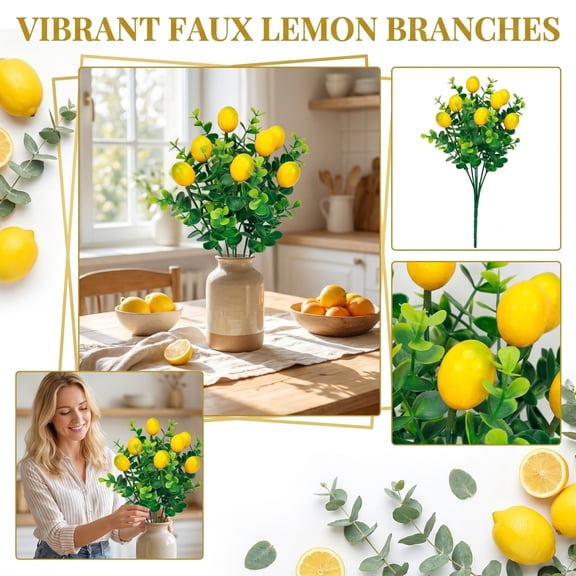 Artificial Lemon Branches with Fruits, Faux Lemon Tree Stem for Vase, Yellow Foam Lemon Decor for Kitchen Table Centerpiece