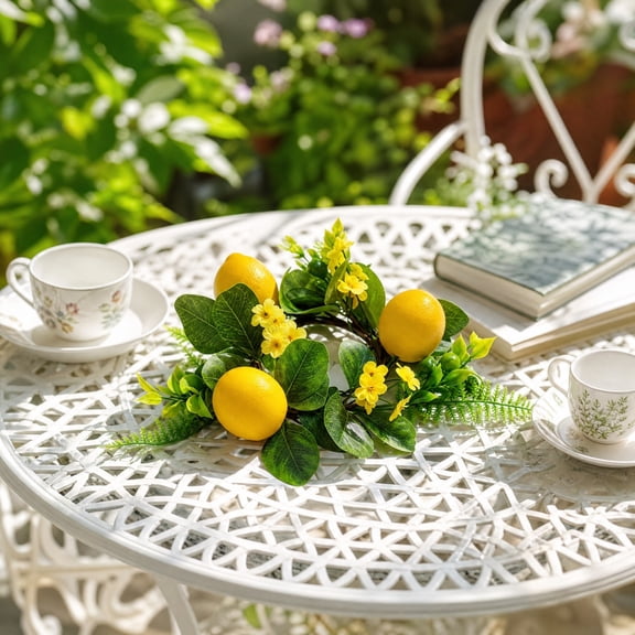Artificial Lemon Candle Ring Wreath, Summer Faux Fruit Greenery Garland, Plastic Lemon Floral Candle Holder Ring for Dining Table Centerpiece Home Decor, 10 Inch by XSAOP
