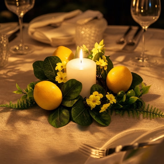 Artificial Lemon Candle Ring Wreath, Summer Fruit Centerpiece With Lifelike Lemon And Green Leaf Design, Easy Setup Table Decoration for Kitchen Dining Wedding Party Decor