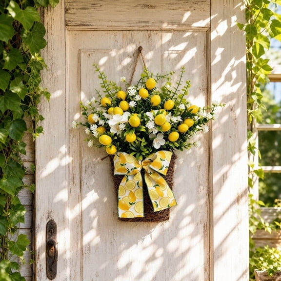 Artificial Lemon Hanging Flower Basket Ornament, Weather Resistant No Water Upkeep Easy Jute Hanging Setup, Porch Patio Decor for Summer Cottage Style Halloween Home Arrangement