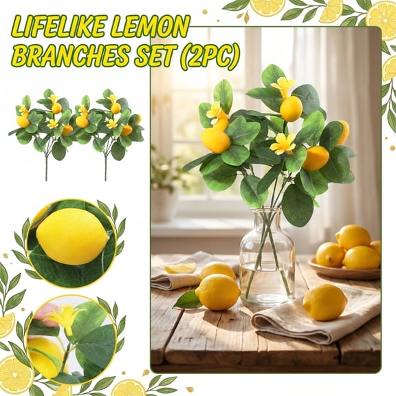 Artificial Lemon Leaf Bundle 2-Pack, 13.78 In Lifelike Fruit Sprigs That Stay Fresh Forever, Easy To Shape For Vase Wreath Or Mantel Display 1