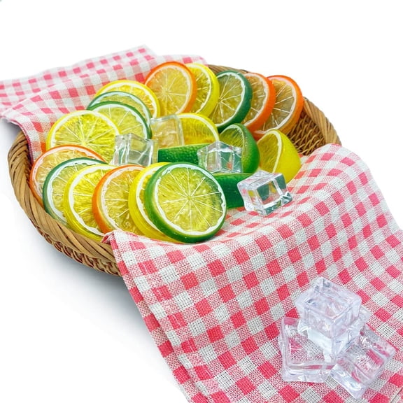 Artificial Lemon Slices Blocks, 15Pcs Fake Lemon Slice+6Pcs Faux Lemon Block+8Pcs Clear Fake Ice Cubes, Double Side Decorative Fake Fruit for Home Kitchen Decors Photography Props