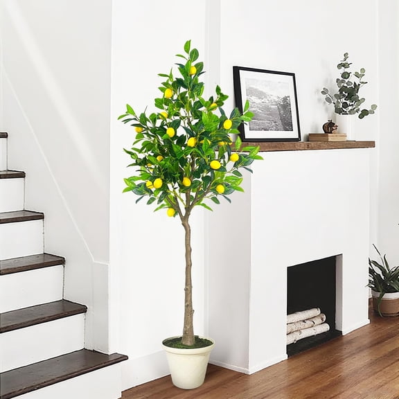 Artificial Lemon Tree, 5FT Fake Lemon Plant, Faux Lemon Tree with Realistic Trunk and Lifelike Leaves, Plastic Lemon Fruit Tree for Home Decor Living Room Office