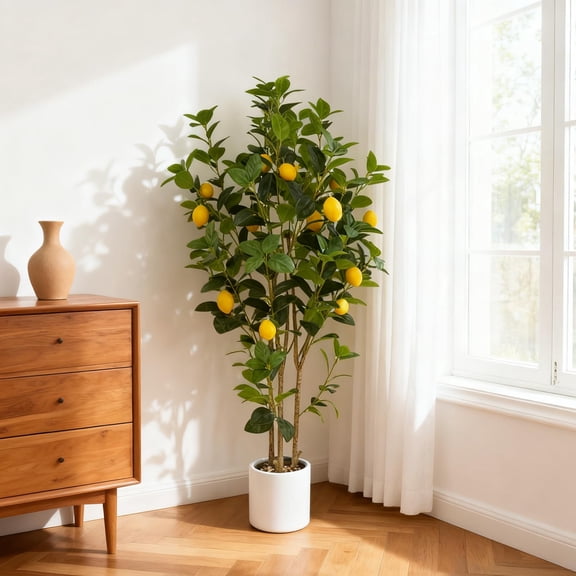 Artificial Lemon Tree, 5ft Tall Floor Faux Lemon Plastic Plant in Black Pot, Fake Lemon Fruit Silk Tree, Pre Potted Faux Lemon Tree with Realistic Fruit and Lifelike Leaves