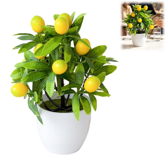 Artificial Lemon Tree Plant Decor,9.45 Inch Faux Green Bonsai Pot Plants Mini Potted Fruit Stems Decor for Home Office Decorations,No Watering Needed Realistic Small Fake Plant