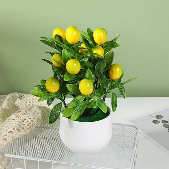 12-mesh Artificial Lemon Potted Plant - Realistic Green Artificial Flower Bonsai with Pot, Lemon Fruit Decor for Home or Office