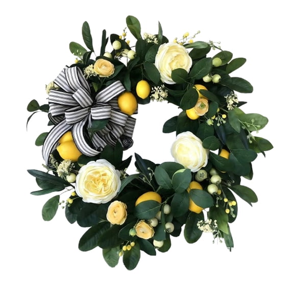 Artificial Lemon Wreath 15 Inch, Faux Fruit Door Wreath with Eucalyptus, Farmhouse Kitchen Decor for Front Door