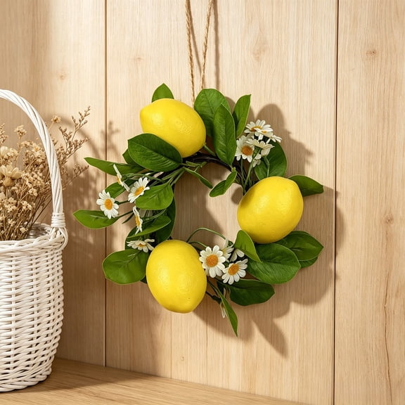 Artificial Lemon Wreath Spring Floral Door Decor Accent,Fresh Green Yellow Garland Home Entryway Styling Piece,Kitchen Living Room Wall Table Centerpiece Ornament,Seasonal Home Decoration Accent