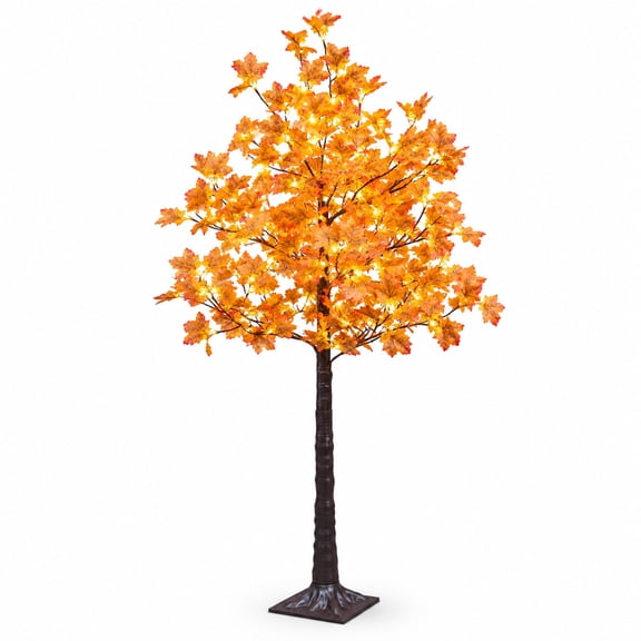 Artificial Lighted Maple Tree with 120 Warm White LED Lights, 6ft, Yellow Plastic, Indoor and Outdoor Fall Decorations
