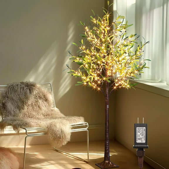 Artificial Lighted Olive Tree, Vanthylit 6ft Faux Plant Tree with 300 LED Fairy Lights, Prelit Fake Eucalyptus Greenery Tree Light with Leaves and Fruits Indoor Outdoor Home Bedroom Christmas Decor