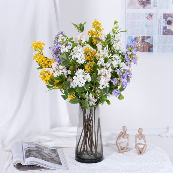 Artificial Lilac Flower Decoration | Silk Plastic Realistic Floral Arrangement | 1 Stem, 3 Buds | Flexible, Sunproof, Waterproof | White Yellow Purple Pink | 35x15cm | Home Porch Garden Vase